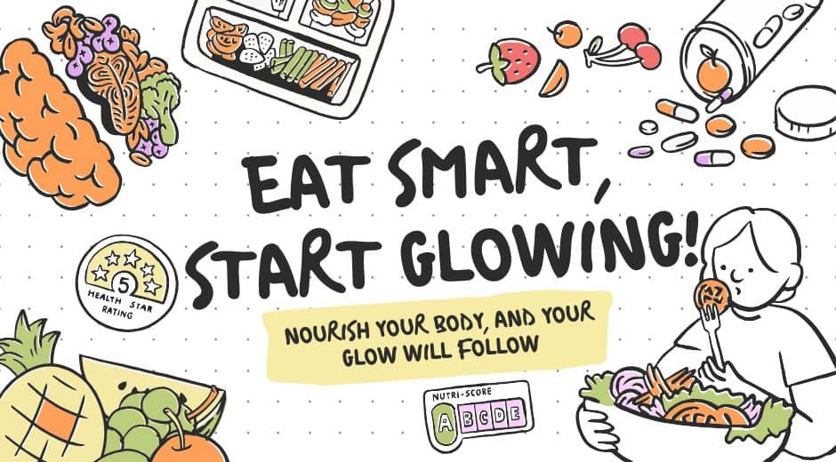 Illustration promoting healthy eating with vegetables, fruits, supplements, and a woman enjoying a salad. Text reads: Eat smart, start glowing! Nourish your body, and your glow will follow."